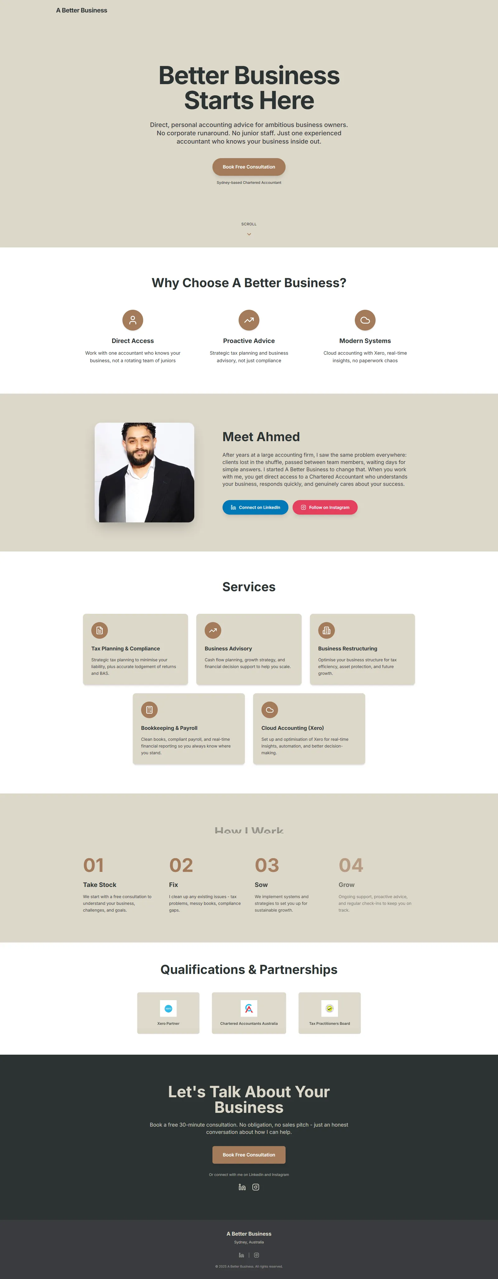 A Better Business website built by ISA, showing its services and founder